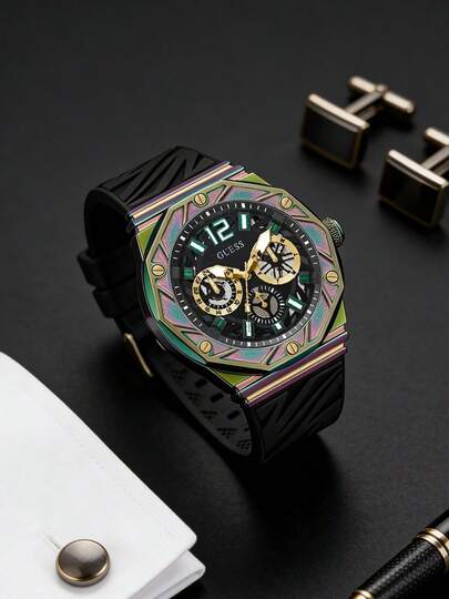 Guess Phoenix Black Dial Silver Steel Strap Watch For Men,Chronograph Quartz Dial Men'S Watch Casual And Fashionable Suitable For Daily Wear A Great Gift For Boyfriend Friends And Husband