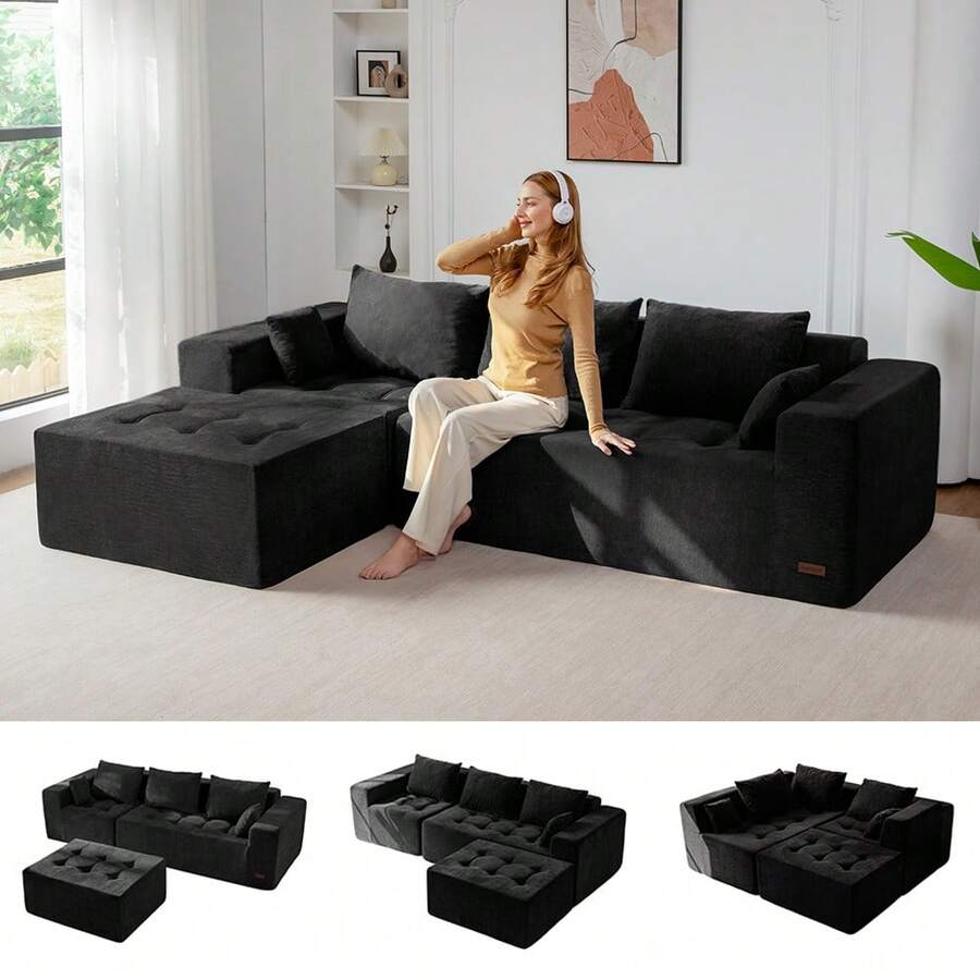 Cloud Modular Sofa, Modern Comfort Modular Corduroy Living Room Sofa, Tufted Recliner With Footstool, Boxed Sofa, No Assembly Required - Mô-đun màu đen - Xem 1