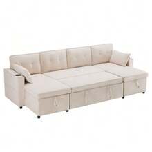 Schlafsofa mit Schlaffunktion, U-förmiges Sofa, Polstersofa, Baumwoll-und Leinenstoffe, mit Getränkehalter, Stauräume, geeignet für Familien, Wohnzimmer usv. Video verfügbar - Beige - Übersicht 10