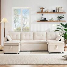 Schlafsofa mit Schlaffunktion, U-förmiges Sofa, Polstersofa, Baumwoll-und Leinenstoffe, mit Getränkehalter, Stauräume, geeignet für Familien, Wohnzimmer usv. Video verfügbar - Beige - Übersicht 4