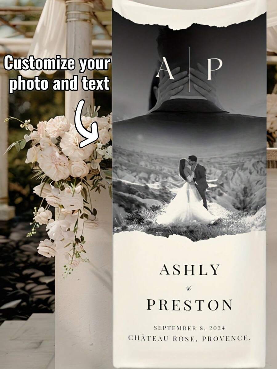 1pc, Multiple Sizes - Customized Wedding Welcome Sign, Customized Wedding Welcome Banner, Wedding Banner Fabric, Customizable Text, Names And Images, Suitable For Lawn, Garden, Living Room - Party Decoration Banner - Multicolor - View 1