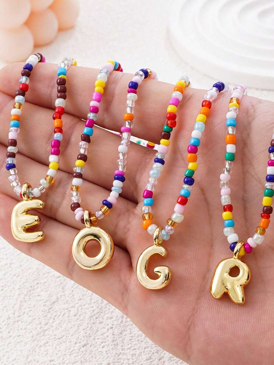 Dây chuyền hạt gạo nhiều màu sắc, mặt dây chuyền chữ bong bóng, dây chuyền nữ mạ vàng 18k, phong cách Bohemian bãi biển, trang sức thời trang - Nhiều màu - Xem 1