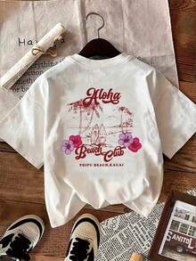 Hawaiian Coconut Tree Surfing Graphic T-Shirt,Loose Casual Short Sleeve Top White - White - View 3