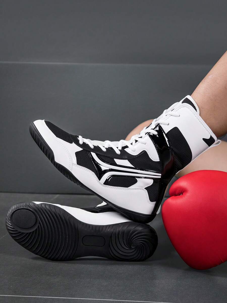 Giày đấm bốc cổ cao dành cho nam, giày võ thuật thoáng khí chống trượt, giày tập luyện đấm bốc trong nhà đế cao su. - Đen và trắng - Xem 1