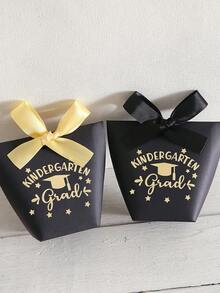Kindergarten Graduation Gift Box, Foil Stamped Graduation Cap Pattern Ribbon Bow Favor Box, Black & White Square Party Celebration Return Gift Box, Graduation Season Commemorative Gift Box - View 4