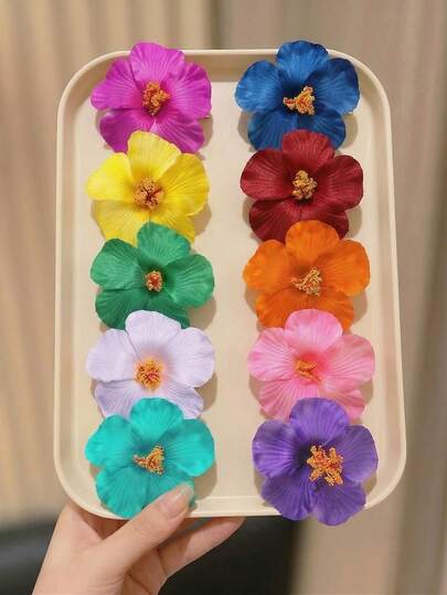 1/10 Pcs Hawaiian Flower Hair Clips, Artificial Hibiscus Hair Barrettes, Cute Y2K Tropical Floral Hair Pins Accessories For Women Girls Beach Vacation Luau Party Favors