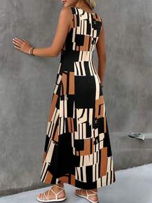 Plus Size Pocket All Over Print Summer Dress Vacation Casual Daily Wear Spring Summer Dress Sleeveless Geometric Print Long Dress Elegant - Tan - View 3