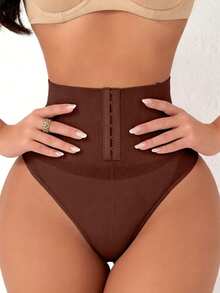 Women Seamless High Waist Tummy Control With Hook-And-Eye Closure Thong Design Lifting Shaping Briefs - 棕色 - 查看 1