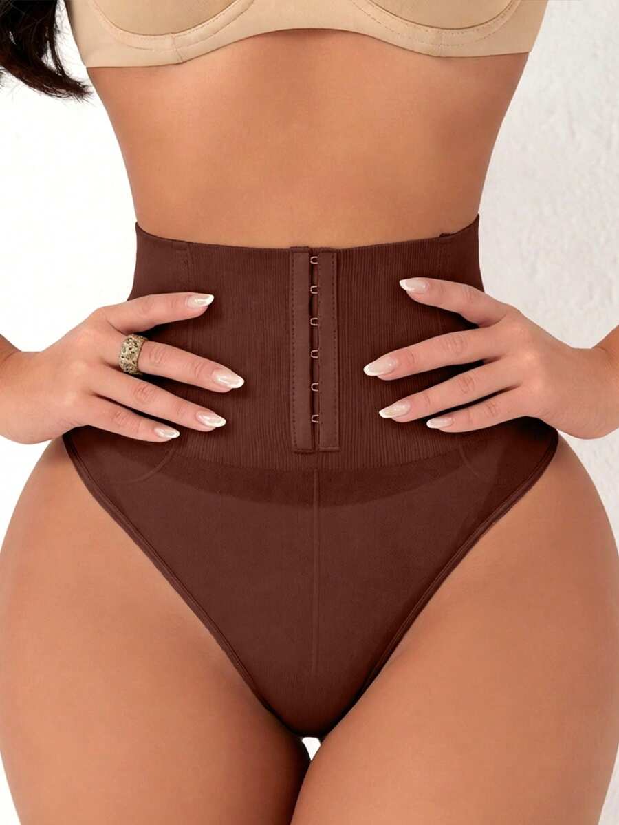 Women Seamless High Waist Tummy Control With Hook-And-Eye Closure Thong Design Lifting Shaping Briefs - 棕色 - 查看 1