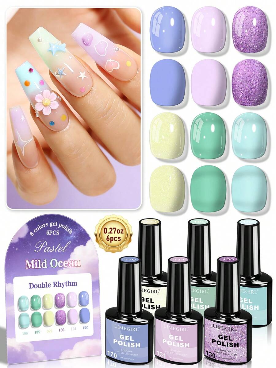 Bộ 6 lọ sơn móng tay gel LIMEGIRL 8ml, cùng màu trong cùng một lọ, sơn gel có thể tẩy rửa, dùng tại nhà và làm móng chuyên nghiệp, quà tặng cho phụ nữ (Bảng màu sơn móng tay C) - Nhiều màu - Xem 1