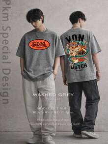 Men Gray Washed Vintage Streetwear Brand Cotton T Shirt Front Vons Dutchs Logo Back Tiger Dragon Graphic Print Casual Wear For Daily Outfits Party Events | Front And Back Printed | Retro Heavyweight Tee | Perfect Gift | Loose Comfortable Breathable | Machine Washable Fabric | Hip Hop Cool Style | Drippy Clothes | Y2K Fashion - 灰色 - 查看 3