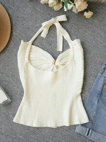 2026 Spring/Summer New Sexy Metal Buckle Twist Halter Neck Knit Camisole Top, Slim Fit Revealing Slit Casual Versatile Layering Undershirt For Girls & Young Ladies - Apricot - View 8