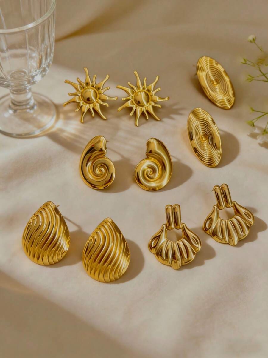 12pcs 6 Pairs Fashion Luxury Geometric Gold Women's Earrings Set, Suitable For Daily Wear, Gift For Friends, Party Summer Vacation Outfit - Multicolor - View 1