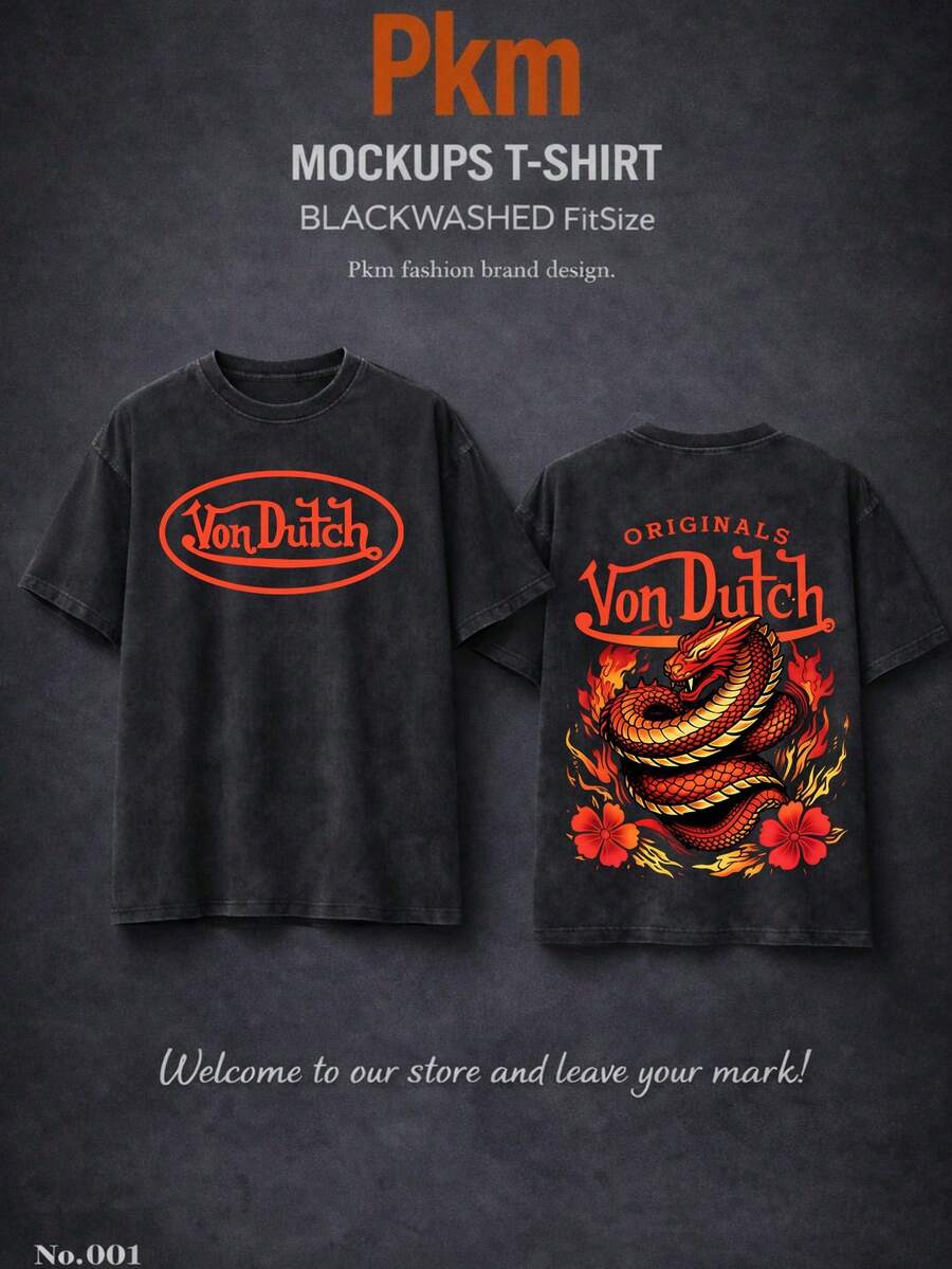 Men Washed Cotton Streetwear Brand Originals Vons Dutchs Snake And Clover Print Casual Tee For Daily Wear Outdoors | Front And Back Print | Vintage Heavyweight T Shirt | Perfect Gift | Loose Comfortable Breathable | Machine Washable Fabric | Hip Hop Cool Style | Drippy Clothes | Y2K - 黑色 - 查看 1