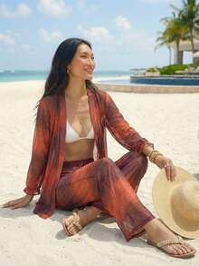 Pearl Beach Cover-Up - Shirt And Adjustable Tulle Pants Set | Summer 2026 - Resort Fashion Blogger Style - Brown 2 - View 2