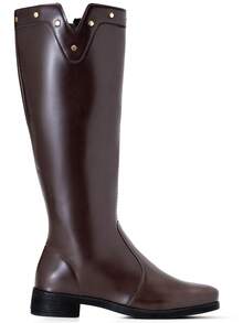 Women's Riding Boot, High Shaft, Low Heel, Comfortable, Studded, Round Toe, Lumiss - Rỉ Nâu - Xem 4