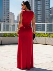 Women's Long Knit Dress With Elastane, Solid Colors, Strappy, Fashionable, Ideal For Weddings, Bridesmaids, Flower Girls, Graduations, Birthdays, Events, Elegant - 紅色 - 查看 2