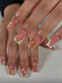 24片优雅别致的美甲贴纸，包含条纹、珍珠、金色条纹和粉色亮面，适合约会、派对、春夏秋冬日常佩戴。可卸式美甲套装包含果冻胶和指甲锉，易于佩戴且持久耐用。果冻胶颜色随机发货。 - 彩色 - 查看 2