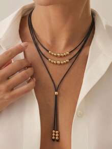 1 buah Kalung Y Multilayer Minimalis Vintage Hitam dengan Bola Logam, Cocok untuk Pemakaian Sehari-hari, Pesta, dan Liburan - Hitam + Bola - View 4