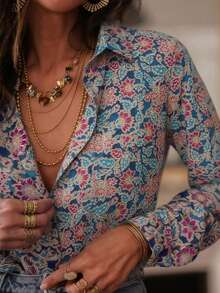 新款女士休闲波西米亚风印花长袖衬衫 - 多色印花纽扣优雅衬衫，适合日常休闲、度假、正式场合、通勤，百搭时尚，也适合婚礼、春季派对等场合。 - 水鴨藍 - 查看 4