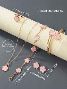 6pcs/Set Necklace, Bracelet, Earrings, Ring, Lucky Flower Necklace, Gold Earrings, Gold Ring, Gold Necklace, Gold Bracelet, Gold Bangle, Girl Jewelry Set, Suitable For Back To School, Party, Holiday - 粉色 - 查看 7