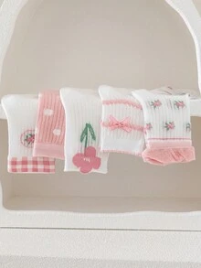 5双装女童可爱粉色碎花透气网眼中筒袜，春夏款 - 彩色 - 查看 5