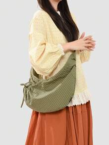 Bolso de hombro y bandolera multifuncional de diseño único y alta calidad con estampado a cuadros y cordón ajustable, estilo dumpling, para uso diario y desplazamientos - Verde - Ver 9