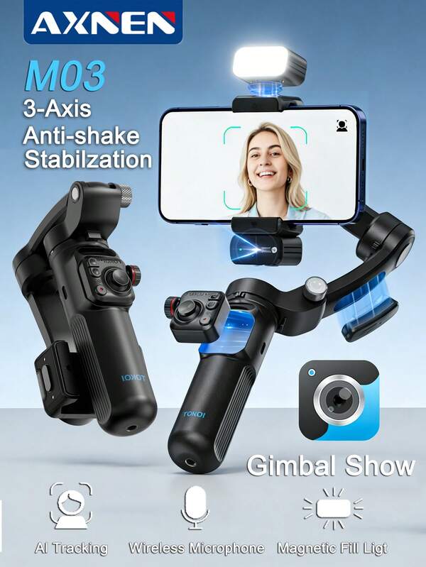 AXNEN AI Smart Handheld Gimbal Stabilizer,3-Axis Foldable Smart Face Tracking Gimbal Stabilizer,Foldable 360° Rotating Selfie Stick/Tripod With Fill Light,Wireless Remote Control Phone Holder For Smartphones, Detachable Dimmable Fill Light, Portable Size For Travel Vlogging Shooting