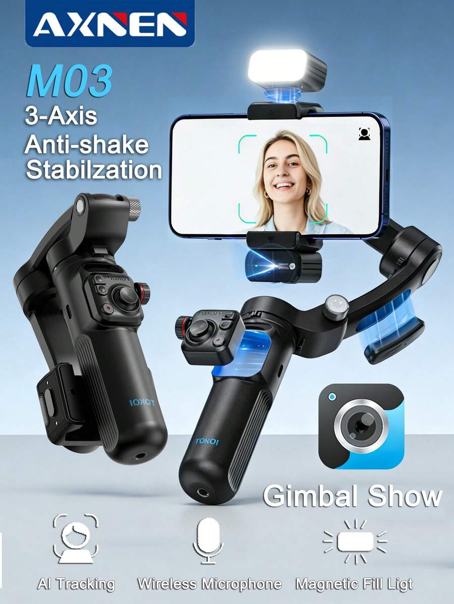 AI Smart Handheld Gimbal Stabilizer,3-Axis Foldable Smart Face Tracking Gimbal Stabilizer,Foldable 360° Rotating Selfie Stick/Tripod With Fill Light,Wireless Remote Control Phone Holder For Smartphones, Detachable Dimmable Fill Light, Portable Size For Travel Vlogging Shooting - 查看 1