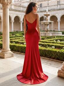 Spaghetti Strap Fitted Sexy Backless Slit Maxi Dress, Bridesmaid Dress, Cocktail Party, Charming Fashion Engagement Ceremony Photoshoot Christmas Women Dress Wedding Spring - Red - View 4