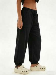 Women's Casual Solid Color Pocket Harem Pants Spring Black - Black - View 5