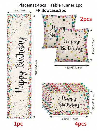 1/4/5/6/7件套黑白波点生日桌布，适用于成人派对家居装饰套装、客厅装饰套装、卧室装饰套装、餐厅装饰套装，亚麻质感，多种尺寸可选，可用于餐厅装饰、桌面装饰、餐桌装饰、桌布、壁炉架装饰巾、餐垫、杯垫等家居装饰。