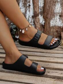 Women's Adjustable Buckle Slide Sandals, Versatile Comfortable Slippers For Outdoor, Vacation, Home Indoor Wear, All Season - Black - View 3