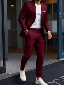 2pcs Men's High-End New Suit Set, Jacket And Pants, Suitable For Weddings And Parties - Burgundy - View 1