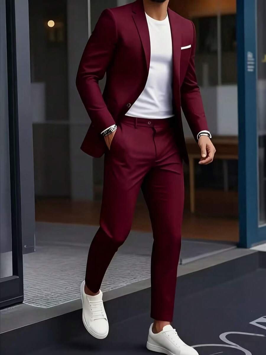 2pcs Men's High-End New Suit Set, Jacket And Pants, Suitable For Weddings And Parties - Burgundy - View 1