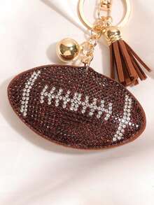 1pc Rhinestone Football Tassel Keychain, Geometric Pattern Casual Zinc Alloy Key Chain, Suitable For All Seasons - Coffee Brown - View 3