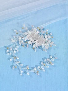 1件精美手工新娘发饰，花朵水晶珍珠扭结发带，婚礼发饰，夏季，海滩，派对，生日 - 白色 - 查看 3