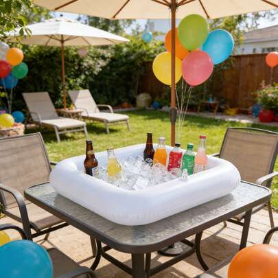 1个充气方形迷你冰盒，PVC材质，方形冰块饮料冷却器，便携式户外冰桶，适合野餐、露营、烧烤、泳池派对等场合，可盛放冰块、饮料、水果，易于注水和排水，可重复使用，轻便可折叠，易于存放，是户外派对的必备品