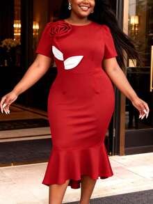 Elegant Red Mid-Length Mermaid Hem Bodycon Dress, 3D Rose Ruffle Short Sleeve Round Neck, Suitable For Summer Gala, Party, Mother's Day Wedding Spring - Red - View 3