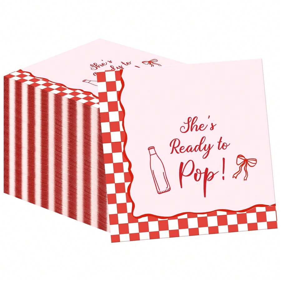 20/40/60 chiếc, Khăn giấy "She's Ready To Pop" - Khăn giấy 2 lớp màu đỏ kẻ caro và sọc kèm hình chai và nơ, Khăn giấy chủ đề soda đỏ "She's About To Pop" trang trí màu hồng retro cho tiệc mừng em bé mới sinh, tiệc tiết lộ giới tính, tiệc sinh nhật, đồ dùng cho tiệc mừng mang thai. - Xem 1