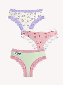 3pcs/Set Colorful Dopamine, Floral, Cherry, Heart Print Lace Patchwork Women's Bikini Panties Set - Multicolor - View 1