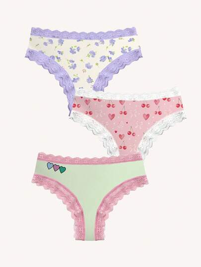 3pcs/Set Colorful Dopamine, Floral, Cherry, Heart Print Lace Patchwork Women's Bikini Panties Set