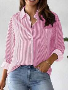 新款宽松长袖女式衬衫，纯色纽扣衬衫，春季款 - 淺粉色 - 查看 4