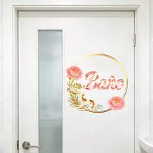 1pc Self-Adhesive Spanish "Bathroom" PVC Bathroom Door Sticker - Self-Adhesive Round Peony Flower Sticker, Suitable For Lotus And Goldfish Wall Decals, Suitable For Doors, Semi-Matte Spanish Sign, Removable - Multicolor - View 2