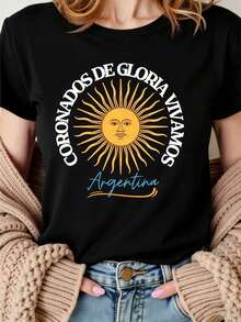 Single Pack Women'S Argentina National Team Graphic T-Shirt - Soft Breathable Blend, Lightweight Short Sleeve Crew Neck With Sun & Flag Print, Unisex Casual S Top For Soccer Fans, Spring Summer Fall Apparel, Machine Washable Regular Fit Tee,Easter Outfits For Women,Mother's Day Gift Outfits,World Cup Clothing,Soccer Party Outfit,Game Day Outfit,Unisex USA Soccer Oversized T-Shirt,Summer Outfits For Women. - 黑色 - 查看 13