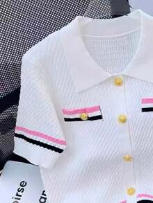 夏季时尚 Polo 领短袖甜美针织开衫 - 白色 - 查看 4