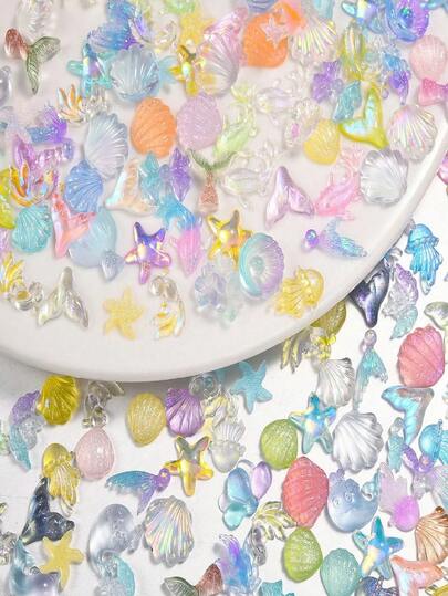 58/88pcs Ocean Series 3D Resin Nail Charms - Mini Sea Creatures & Glitter Gems Suitable For DIY Manicure, Acrylic Nails, Kawaii Nail Art - Colorful Marine Animals (Shells, Starfish, Fish) For Women & Men