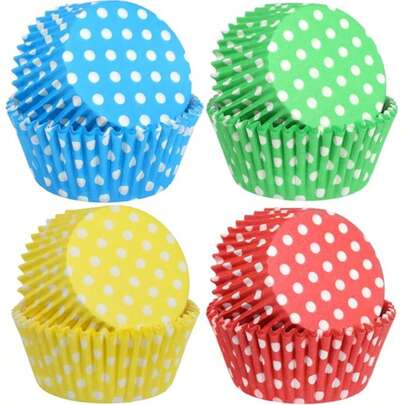 100 chiếc giấy lót bánh cupcake tiêu chuẩn, họa tiết chấm bi, 4 màu sắc khác nhau, dùng một lần cho tiệc cưới mùa xuân, tiệc trà, các dịp lễ hội.