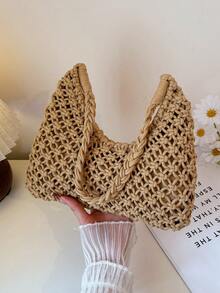 Summer Cotton Rope Woven Bag, Travel Beach Tote Basket Handbag For Women - Coffee - View 6