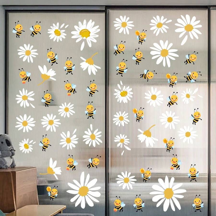 Set de 4 pegatinas de ventana con tema de verano, con diseños de abejas y margaritas, calcomanías removibles de estática DIY, adecuadas para balcón, puertas, ventanas, decoración del hogar y la habitación - Multicolor - Ver 1